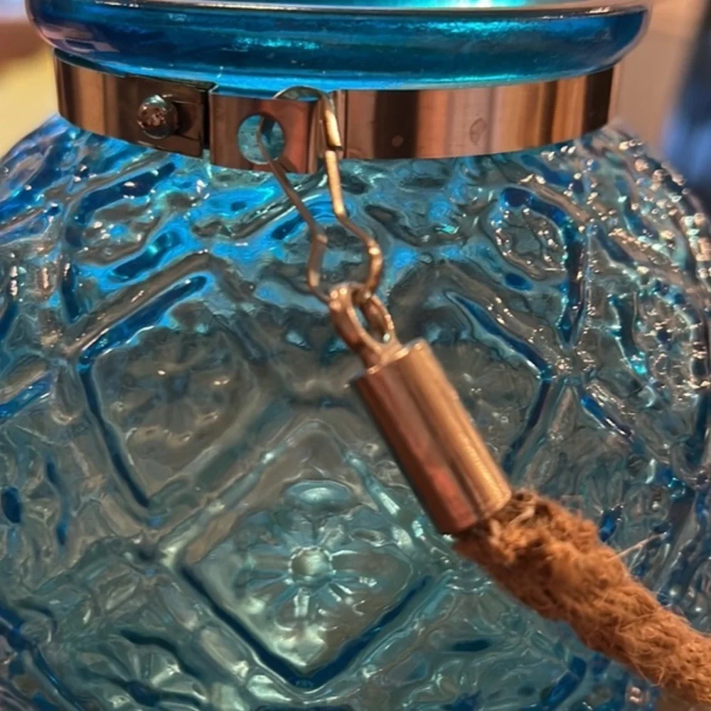 World Market Blue Glass Flower Vase with Rope Handle